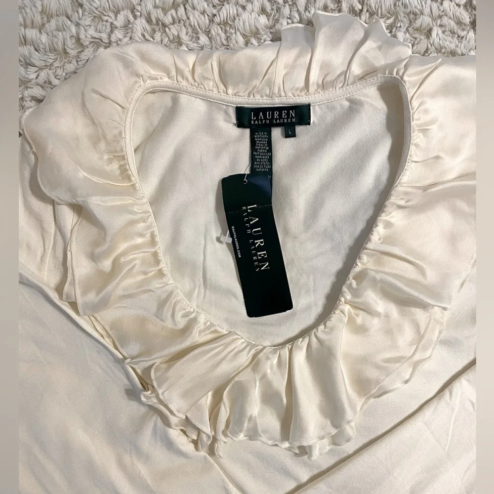 NWT Ralph Lauren Women’s Size L Cream long Sleeved Ruffled Collar Top - Picture 5 of 5